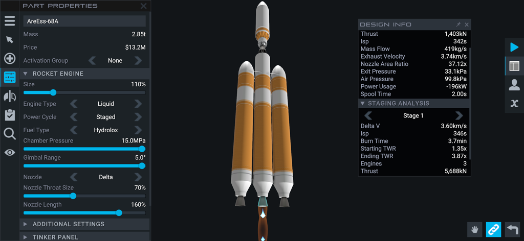 Juno: New Origins - Detailed rocket engine customization and design interface in Juno New Origins aerospace simulator