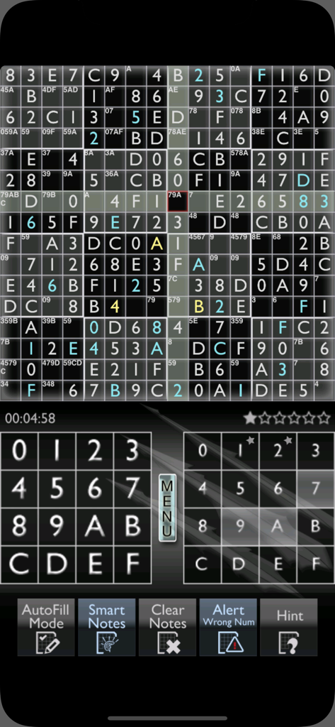 Pantalla de juego de un puzzle Sudoku de 16x16 que presenta una gran cuadrícula con números y letras y un panel de control en la parte inferior
