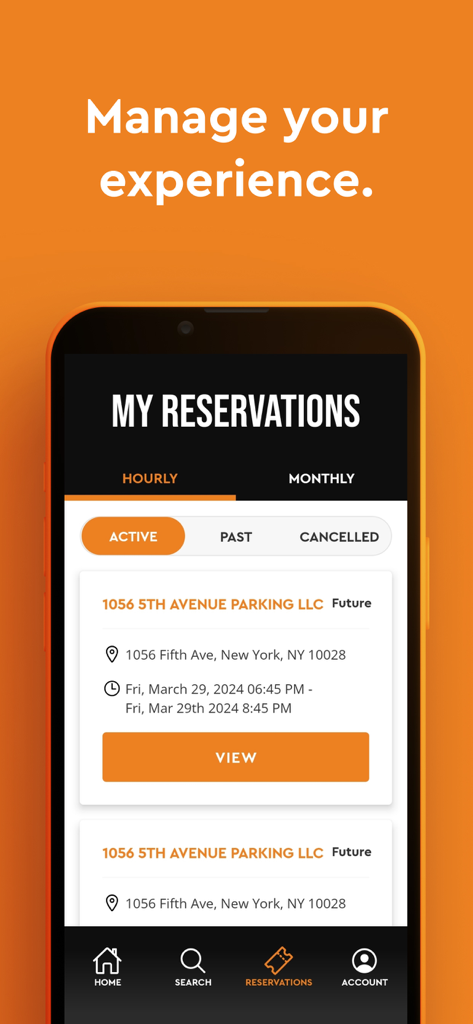 Icon GO - Tela do aplicativo Icon GO mostrando reservas de estacionamento ativas na cidade de Nova York.