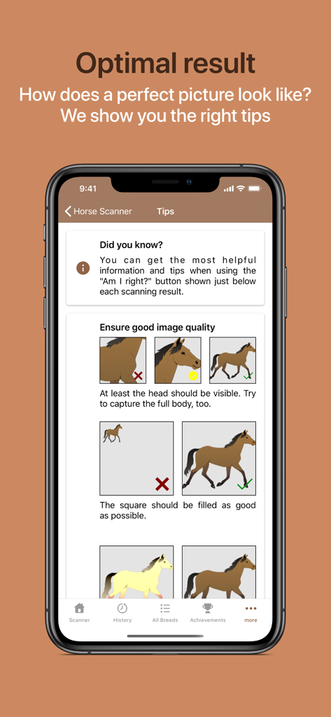 Una pantalla de aplicación móvil que muestra consejos visuales sobre cómo tomar la mejor foto de un caballo para la identificación de raza.