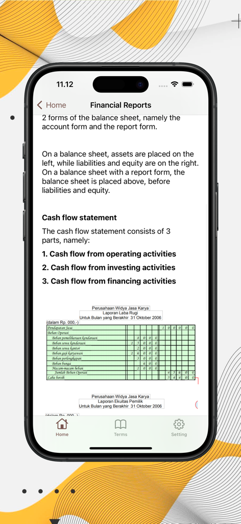 Basic Accounting Learning - Mobile app screen showing basic accounting educational content about balance sheets and cash flow statements