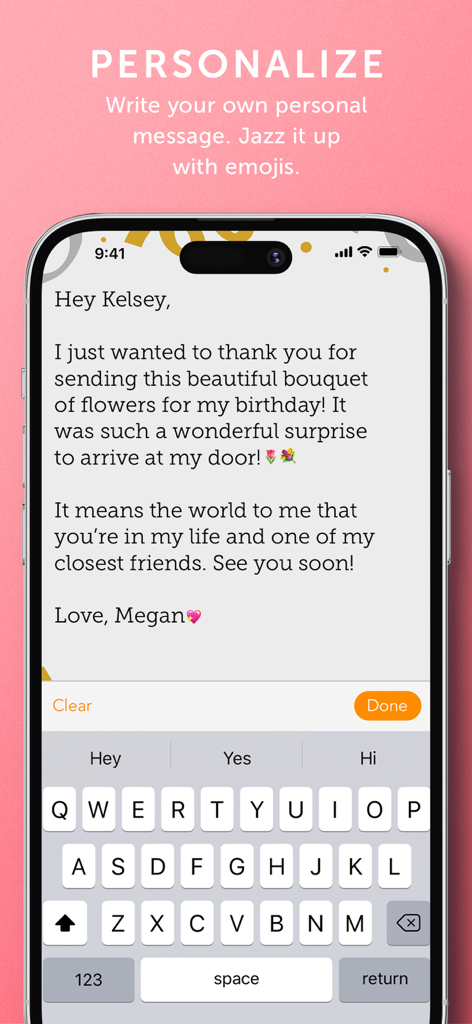 Smartphone screen showing the Postagram app interface for writing a personalized postcard message with emojis