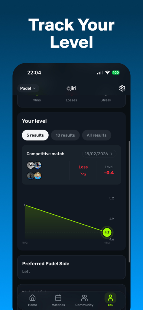 Ace: Padel Community & Rating - Mobile screen showing the Ace app skill level tracking feature with a performance graph and match results
