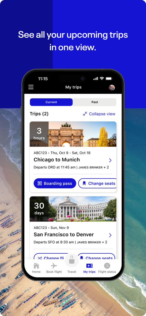 ユナイテッド航空アプリの「マイ・トリップ」ページに、シカゴとサンフランシスコへの今後のフライト旅程が表示されたスマートフォンの画面。