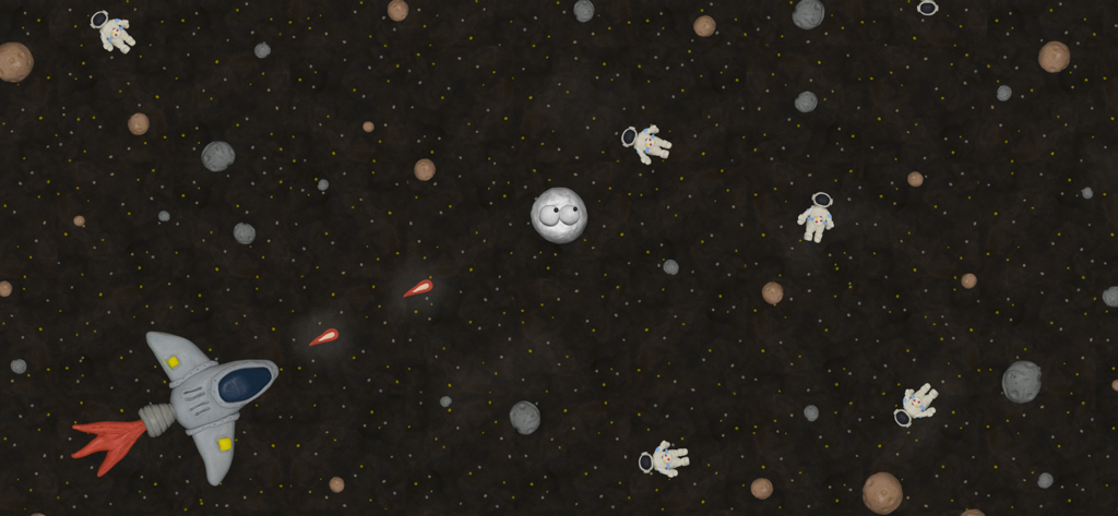 Tasty Planet: Final Bite - A claymation blob creature floating in a space level with a rocket ship and astronauts in Tasty Planet Final Bite