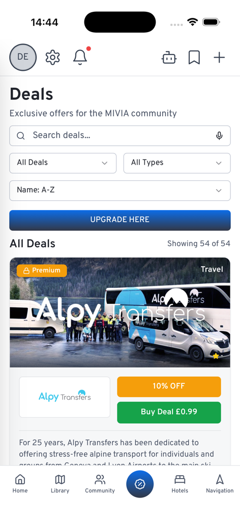 MIVIA 2.0 - La section Offres de l'application MIVIA 2.0 présentant des offres exclusives de la communauté et des réductions de voyage.