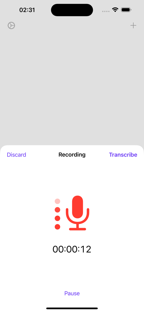 Aiko app screen displaying a live audio recording with a large red microphone icon and a count-up timer.