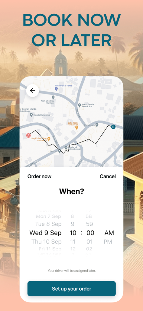 Island: GO! Cayman & Bermuda - Interface of the Island GO app showing options to book a ride now or schedule for later with a map view
