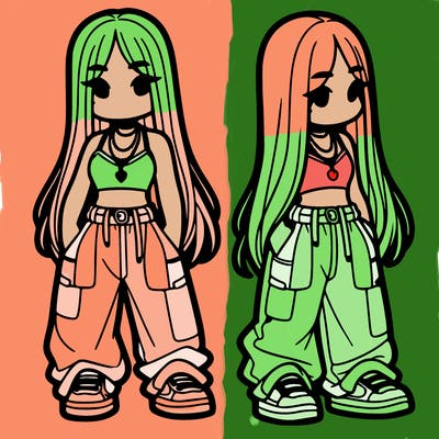 girl in baggy pants crop top and long hair