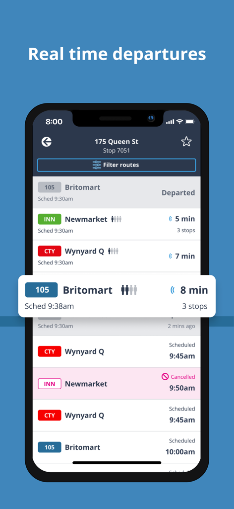 AT Mobile - Interface de l'application AT Mobile affichant les départs de bus en temps réel et le suivi en direct des transports en commun à Auckland.