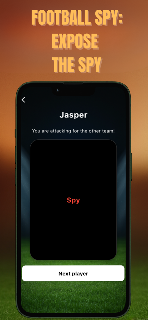 Football Spy mobile app screenshot showing the role reveal screen for a player assigned as the spy.