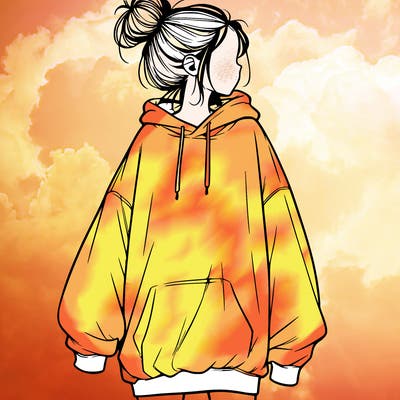 realistic girl with a oversized sweatshirt on and a bun