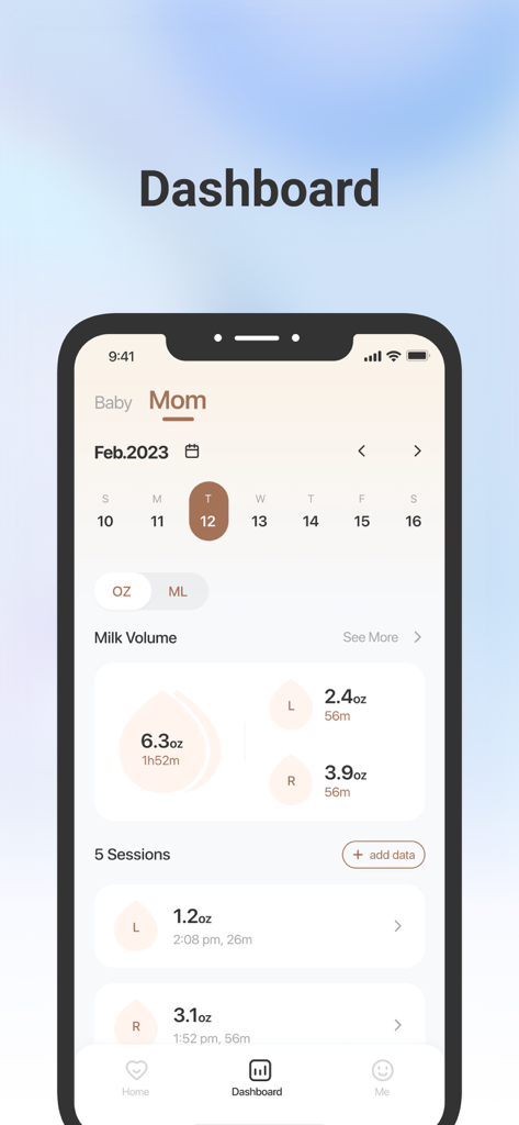 eufy Baby - ミルク量と授乳セッションを記録するeufy Babyアプリのダッシュボードインターフェイス。