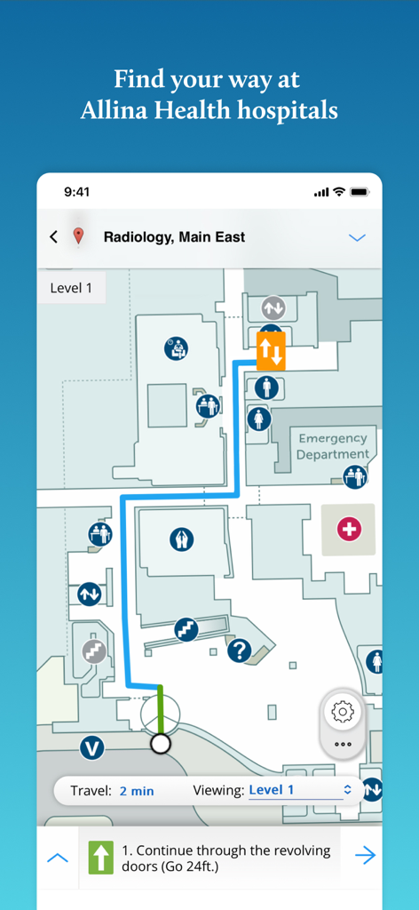 Allina Health app screen showing indoor hospital navigation map and turn-by-turn directions