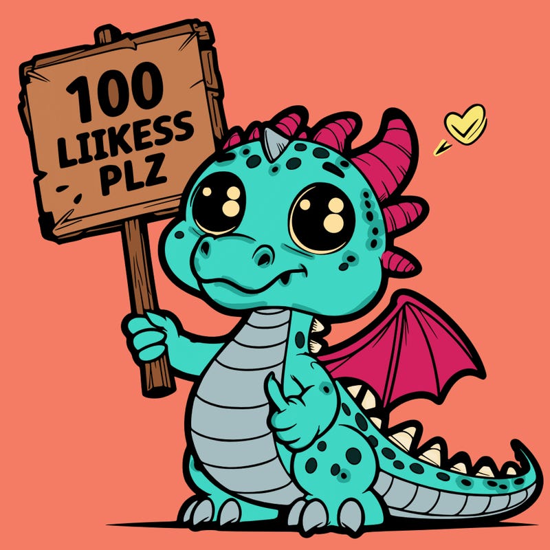 dragon holding a sign that says 100 likes plz