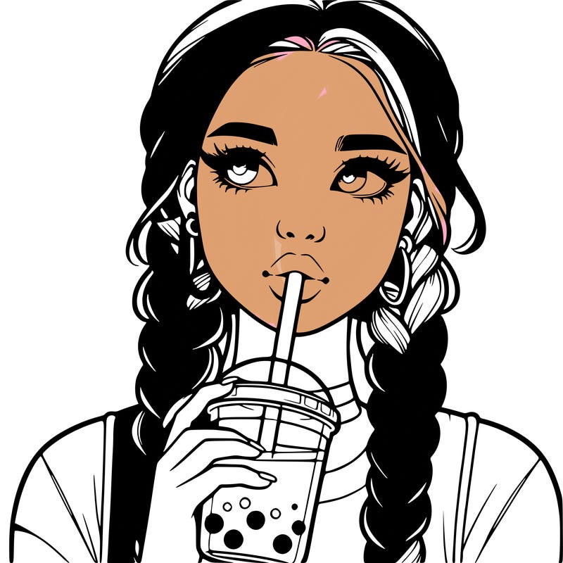 realistic girl with braided hair drinking boba