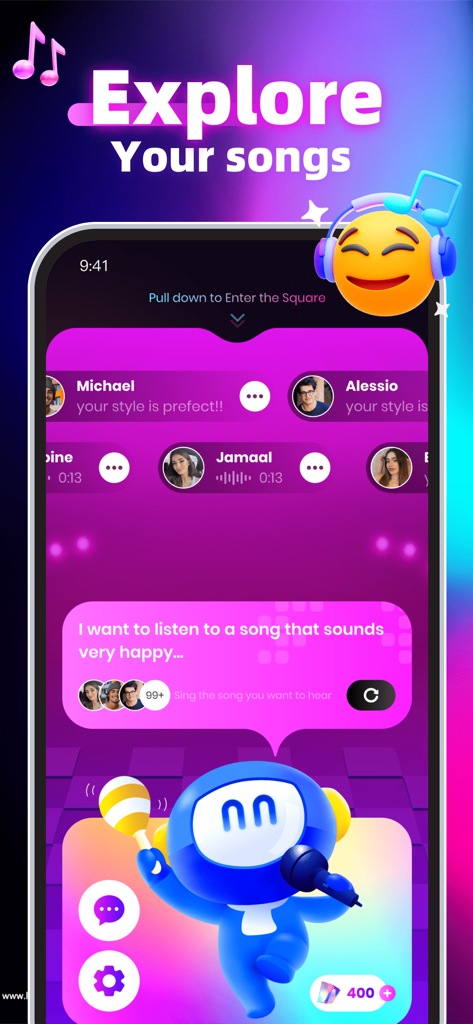 Covit app interface for exploring songs and social music requests