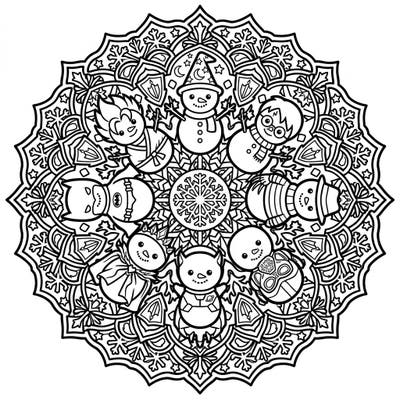 Dive into a unique winter wonderland with this captivating character snowmen mandala coloring page. Discover intricate designs featuring your favorite pop culture heroes and villains reimagined as adorable snowmen, all within a perfectly symmetrical pattern.
