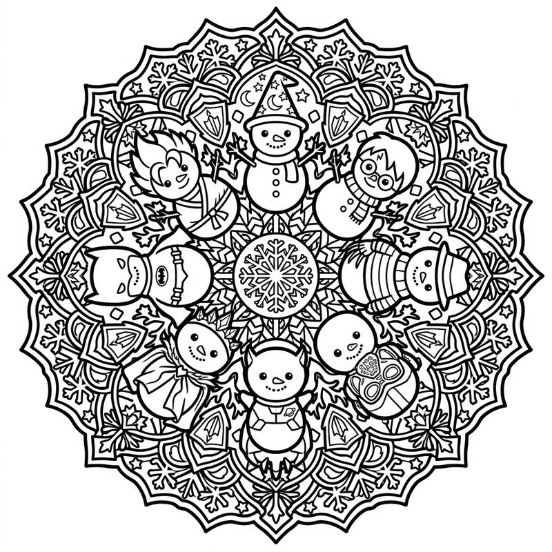 Dive into a unique winter wonderland with this captivating character snowmen mandala coloring page. Discover intricate designs featuring your favorite pop culture heroes and villains reimagined as adorable snowmen, all within a perfectly symmetrical pattern.