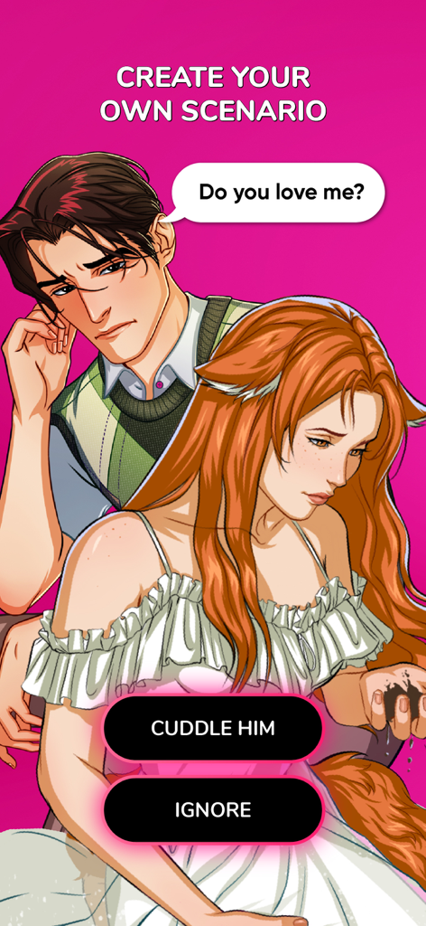 A choice-based romance scene in MeChat where a character asks for love with options to cuddle or ignore him