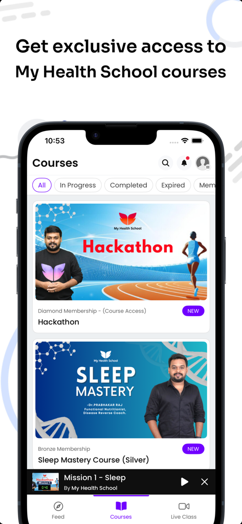 My Health School - Interfaccia dell'app My Health School che visualizza corsi sul benessere tra cui Hackathon e Sleep Mastery con una barra di navigazione in basso.