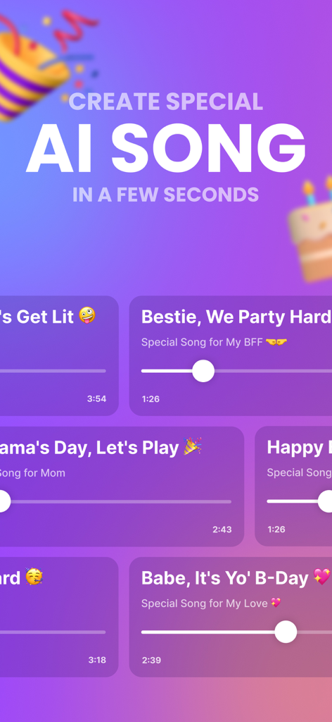 Happy AI: Song, Music Creator - Happy AI music creator app interface showing personalized songs for birthdays and special occasions