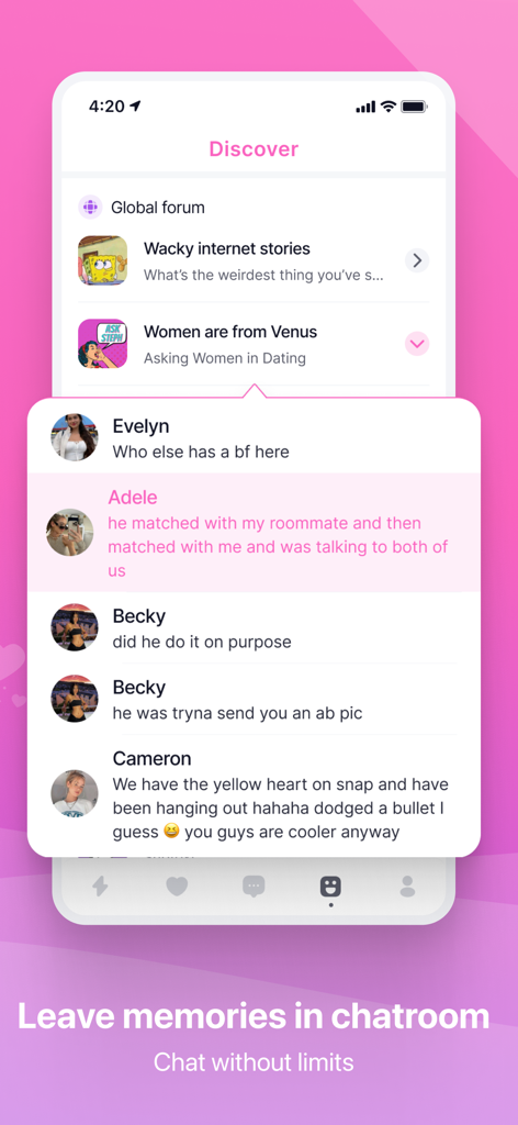 A group chatroom interface on the Vibes dating app showing a global forum for users to share social stories and connect.