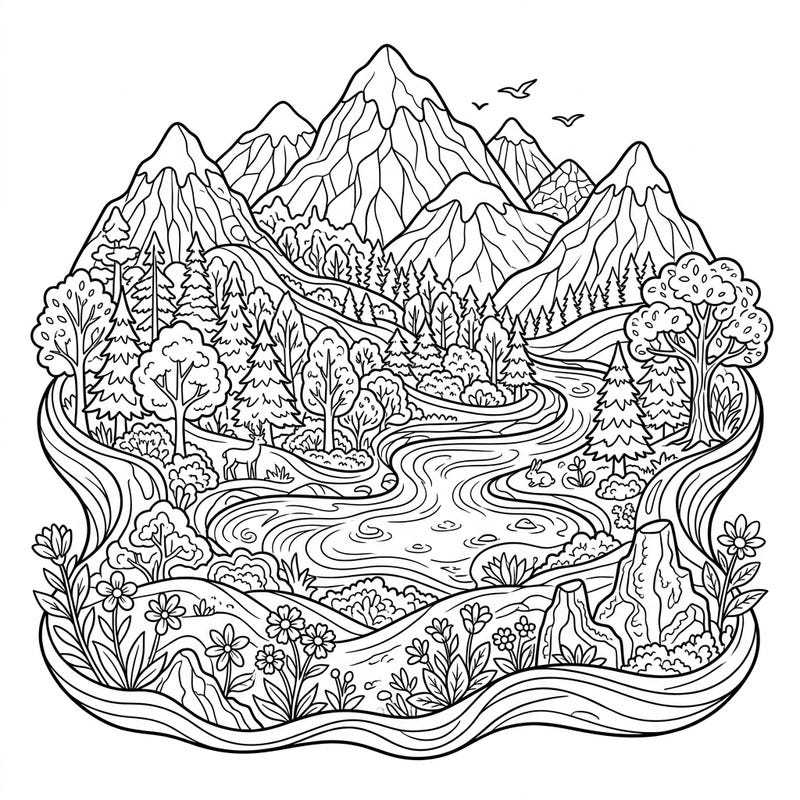 Embark on a creative journey with this intricate natural landscape coloring page, perfect for teens and adults. Featuring towering mountains, a winding river, and a vibrant forest, it's ideal for nature lovers of all ages.