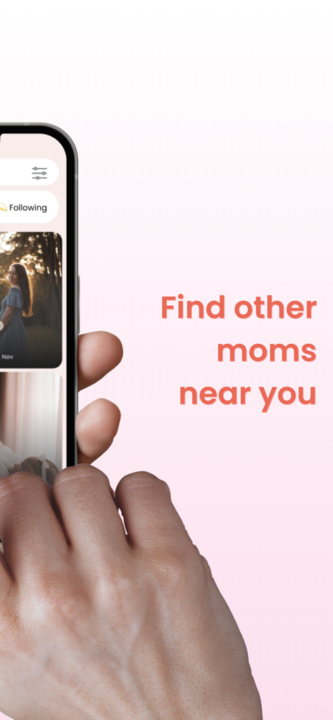 MamaMeet: Find Mom Friends - A hand holding an iPhone displaying the MamaMeet social feed next to the text Find other moms near you.
