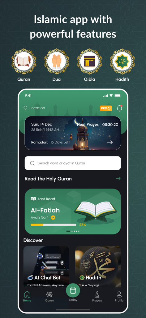 Quran Learning: AI Recitation - Quran Learning app dashboard showing prayer times Quran reading progress and AI features