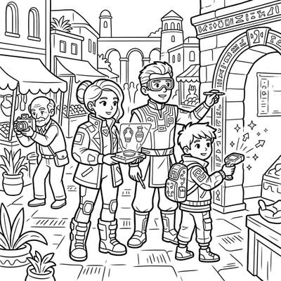 Step into a world where past meets future with this captivating coloring page featuring a family of Future Tourists. Witness their awe as they explore an ancient city, ready for your creative touch.