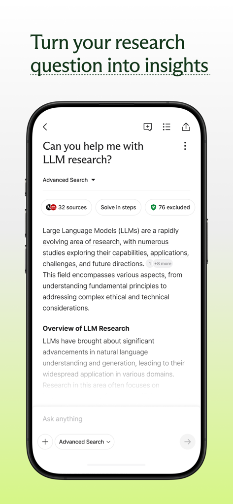A mobile interface of Liner AI showing detailed research answers with citations and source verification.