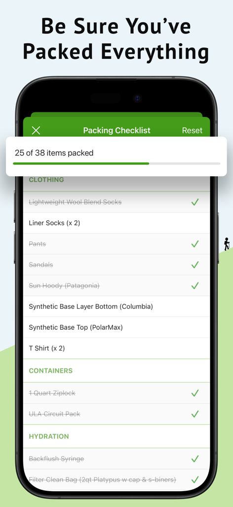 Packing checklist in the PackLight app showing gear items and packing progress