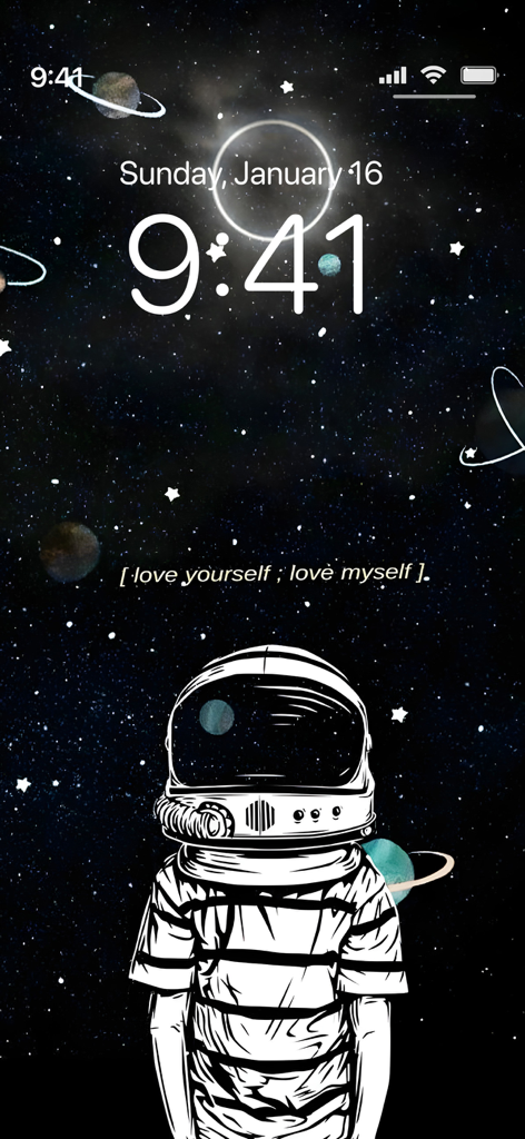A dope astronaut sketch on a starry space background with aesthetic text on an iPhone lock screen.