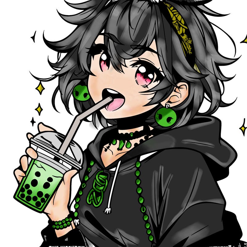 hot baddie anime girl drinking boba and biting the straw