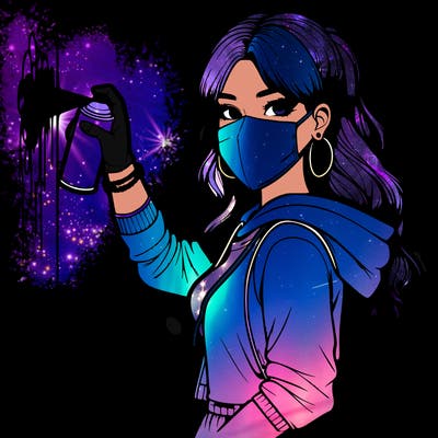 realistic girl with mask spray painting a wall