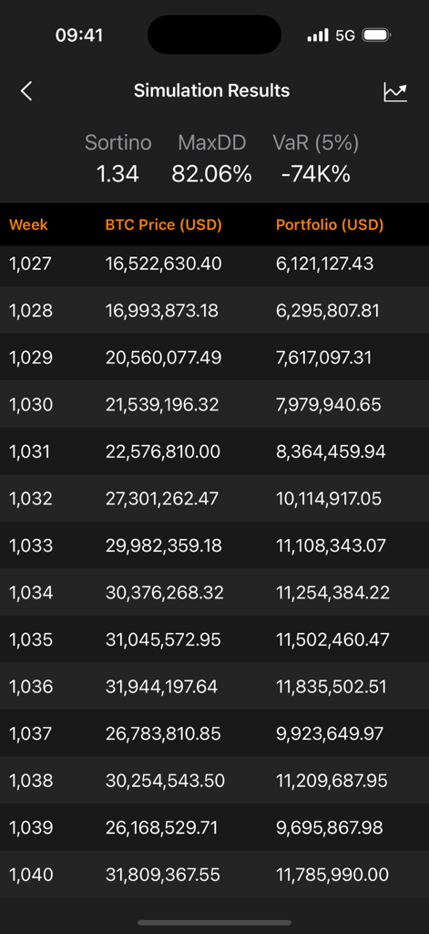 ソルティノレシオや最大ドローダウン指標を含む、週次のBTC価格とポートフォリオシミュレーション結果のデータテーブルを表示するBitcoin Simアプリ画面。