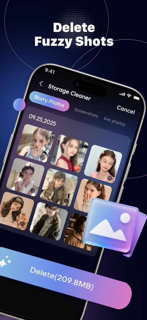 SnapMaster: Storage Cleaner - SnapMaster app interface showing the delete fuzzy shots feature with a grid of selected photos to save storage space