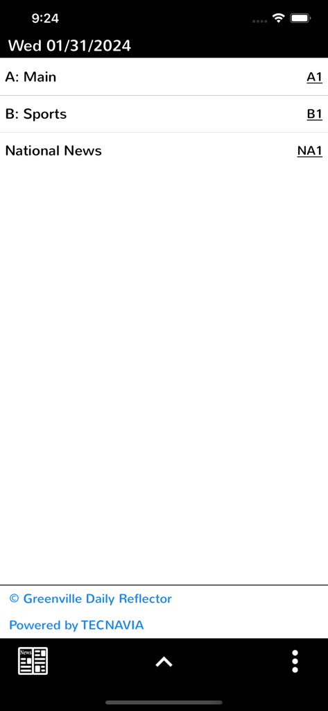 Reflector NC - App screen showing sections of The Daily Reflector digital edition including Main Sports and National News