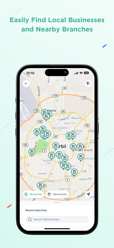First Iraqi Bank - First Iraqi Bank 앱 지도 인터페이스, 현지 지점 및 판매점 찾기