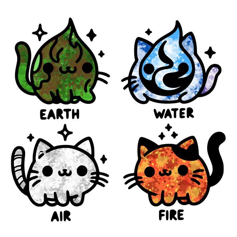 4 cats that represent the different elements, earth, water, air, and fire