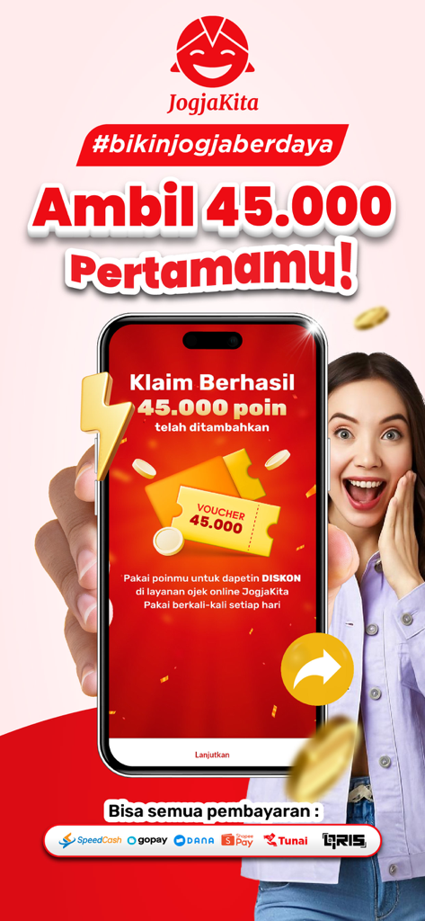 JogjaKita - Ojolnya Jogja - A promotional screen for the JogjaKita app featuring a forty-five thousand point voucher for discounts on local services.