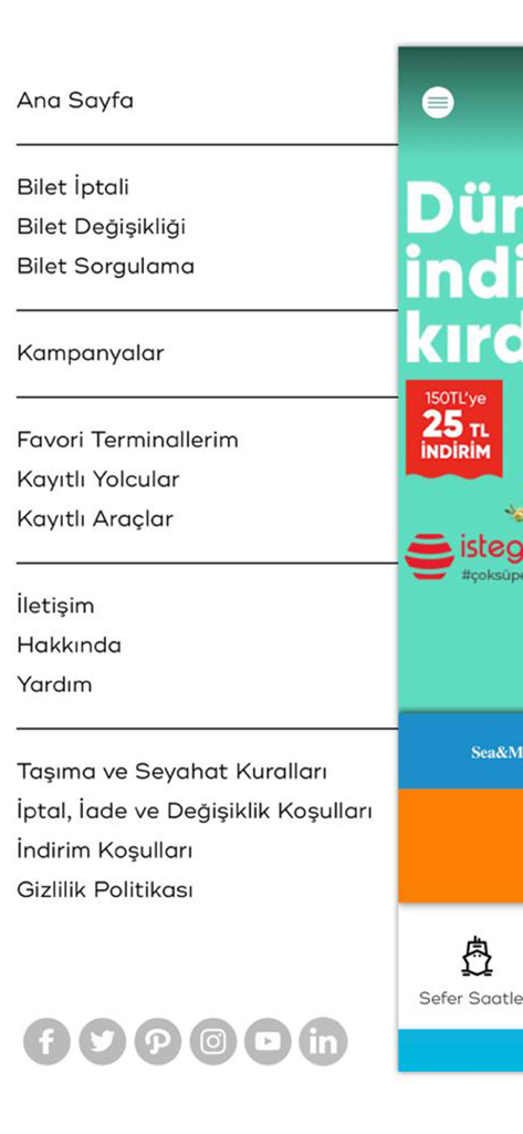 İDO Mobile - Side navigation menu of the IDO Mobile app displaying ticket management and user profile options.