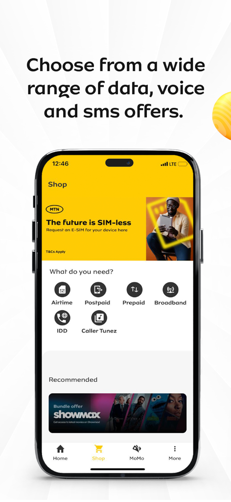 My MTN Ghana - My MTN Ghana app shop interface showing mobile data voice and sms offers with esim registration banner