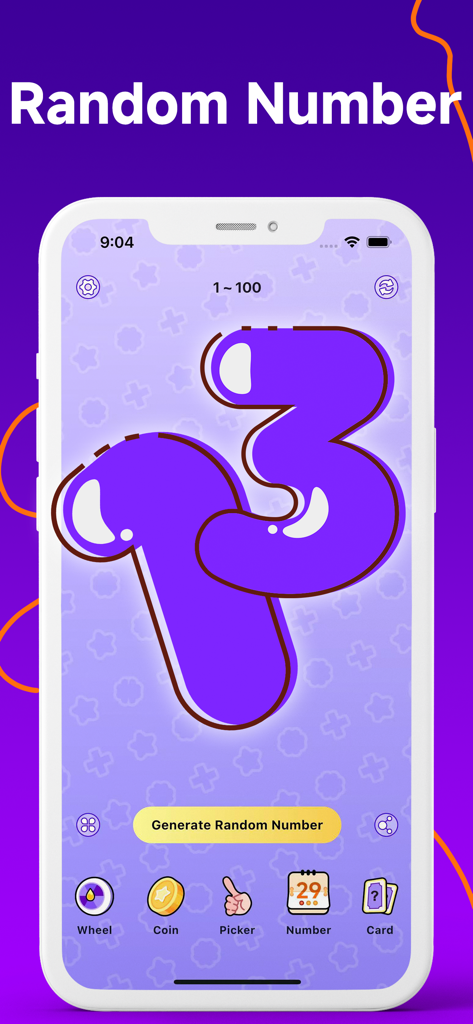 Wheel Spinner • Random Picker - A random number generator interface on a smartphone showing the number thirteen in a playful purple font