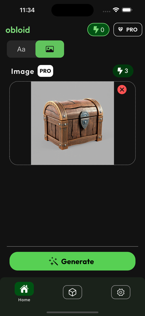 AI 3D Model Generator - Obloid - Interface of the Obloid app showing a reference image of a wooden chest for AI 3D model creation