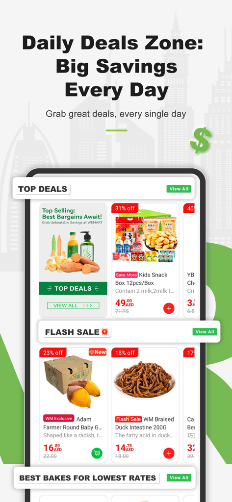 WEMART app interface showing daily deals and flash sales for Asian groceries and snacks.