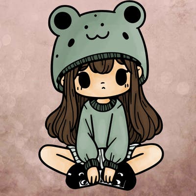 a girl wearing a frog hat and some frog socks