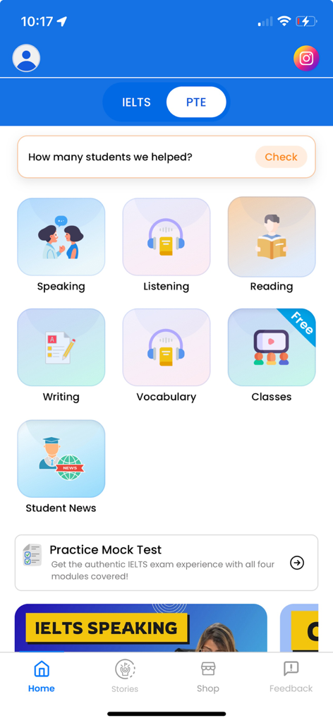 IELTS PTE Exam Prep - BabyCode - Home screen of the IELTS and PTE exam prep app featuring study modules for speaking listening reading and writing