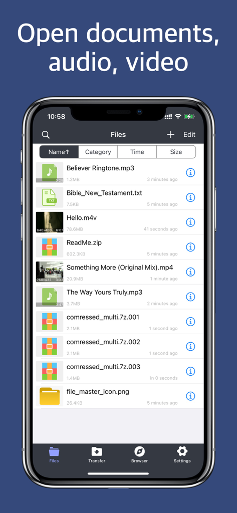 File Master - document manager - Interfaz de la aplicación File Master que muestra una lista de documentos, audio y archivos de video en la pantalla de un iPhone